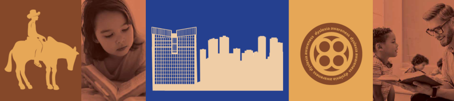 banner with Fort Worth skyline, dyslexia awareness logo, a cowboy, and people reading