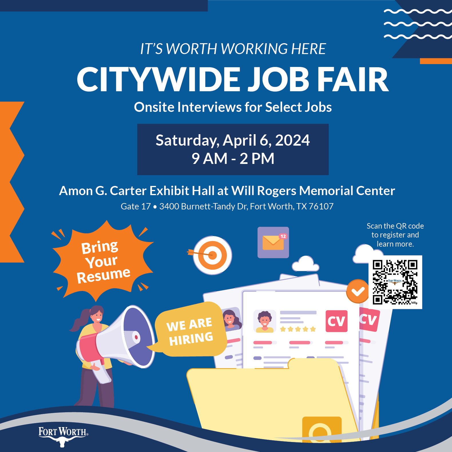 City wide job fair, April 6, 2024, 9am-2pm Amon Carter Exhibit Hal