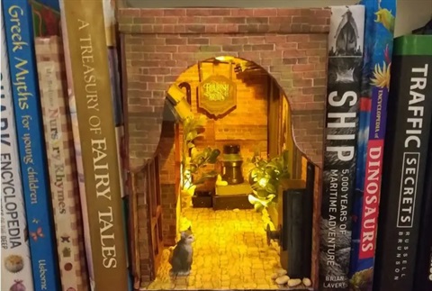 An example of a book nook - a little decorative room for book shelves