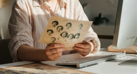 Woman sitting at a computer holding historical documents