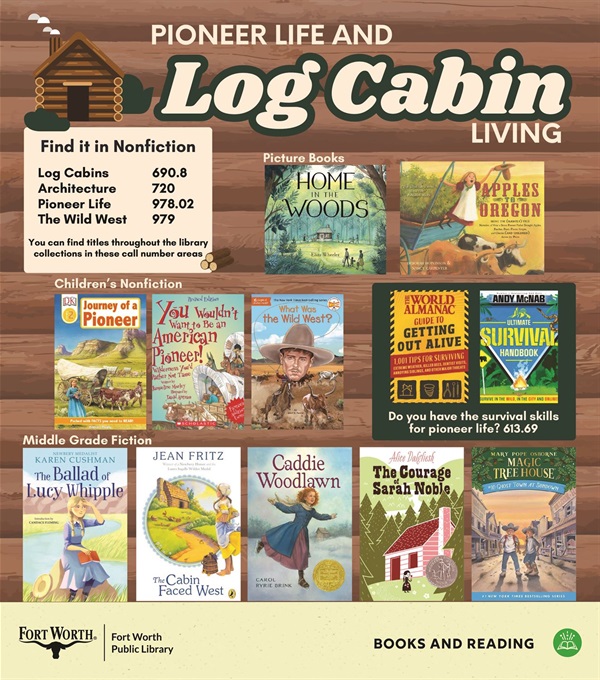 A graphic showing log cabin-related book titles available at the library