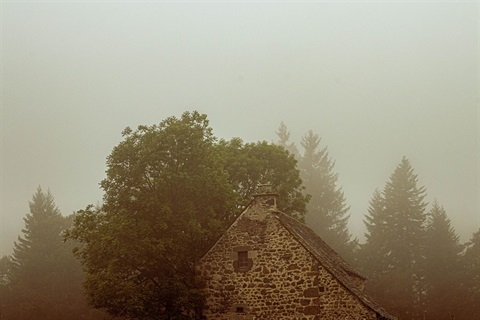 photo of an old house in the fog