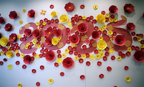 a photo of a wall decorated for Tet celebrations