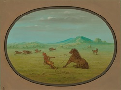 painting of wild horses being tamed