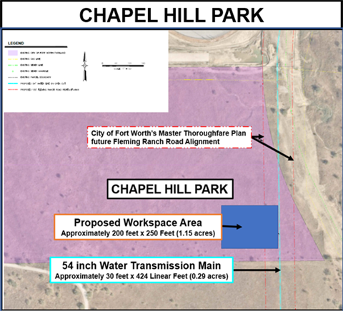 A map of the park with proposed work space area depicted in the southeast corner of the park.