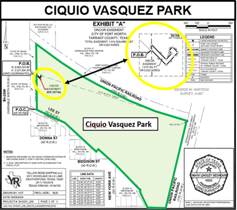 A map of Ciquio Vasquez Park depicting the Oncor easement on the west side of the park.