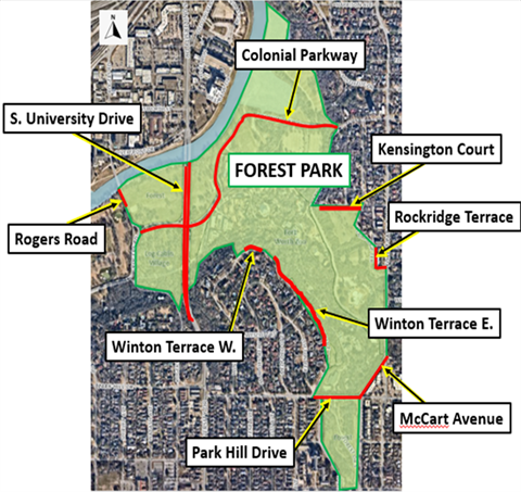 Map of Forest Park with multiple areas identified