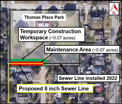 A map of Thomas Place Park depicting the temporary construction workspace and maintenance area in the southwest portion of the park.  